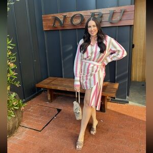 L’ACADEMIE Johsanna Draped Mini Dress Pink Beige Stripe Size L Date Night Brunch